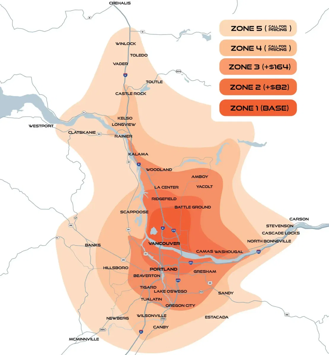 Natrix concrete delivery zone map for Southwest Washington