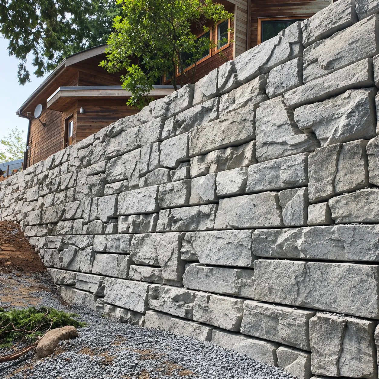 Finished Verti-Block wall with a stacked-stone face beside a home